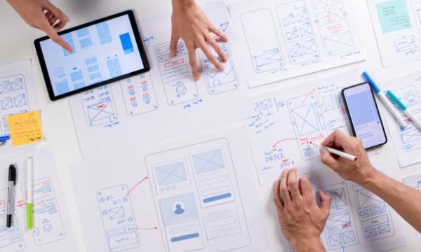 UX/UI designers discussing and brainstorming on wireframes for a website and mobile app prototype, surrounded by sketches of user flow and design tools, in the concept of website and mobile application design concept.